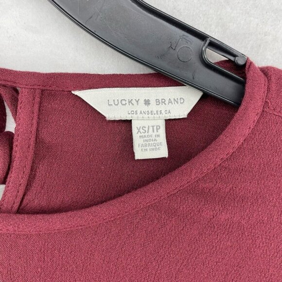 Lucky Brand Blouse Women's XS Wine Red Keyhole Round Neck Puff Long Sleeve Flowy - Picture 10 of 11